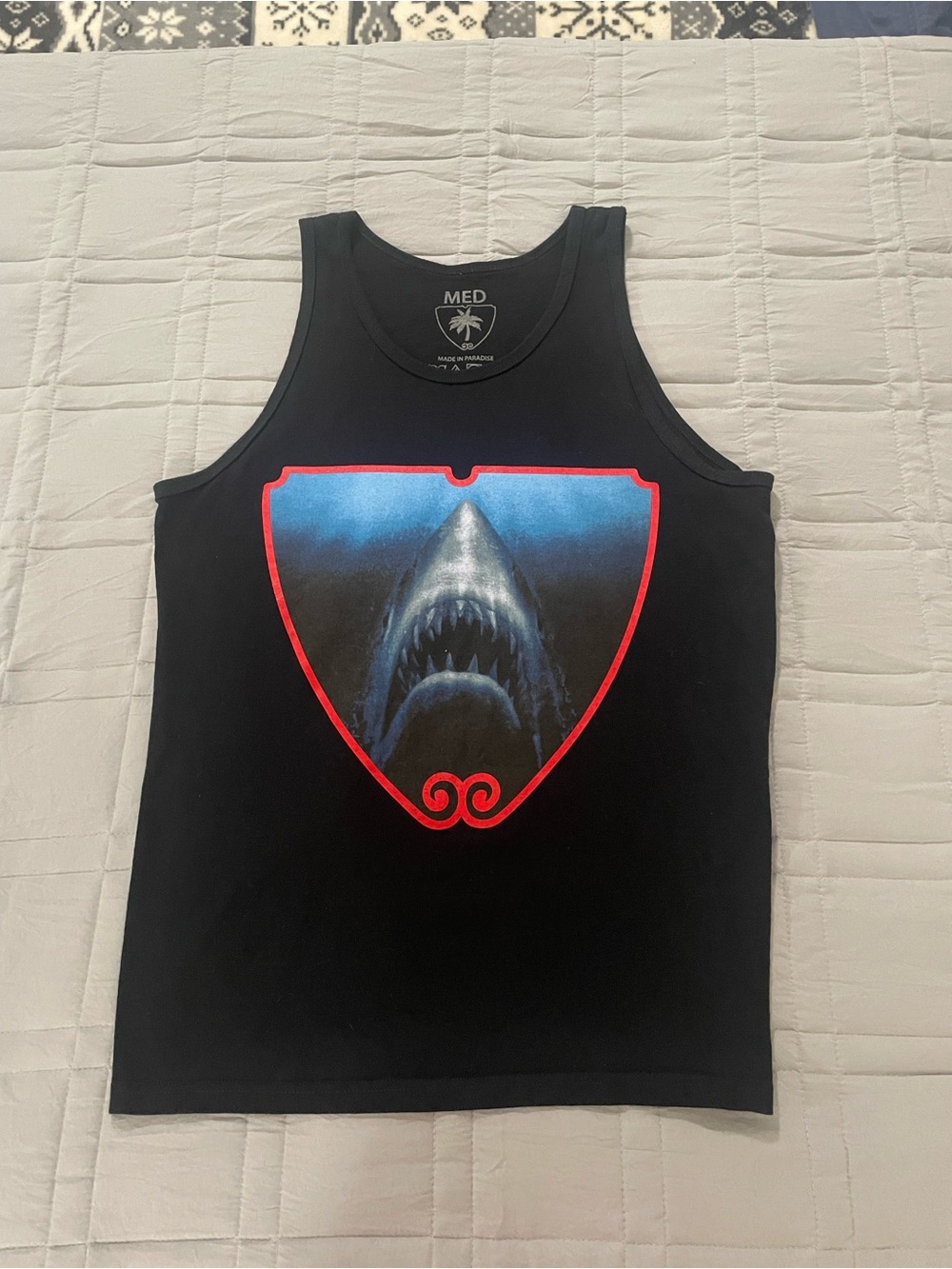 Black Tank Top with Red-Trimmed Blue jaws Graphic
